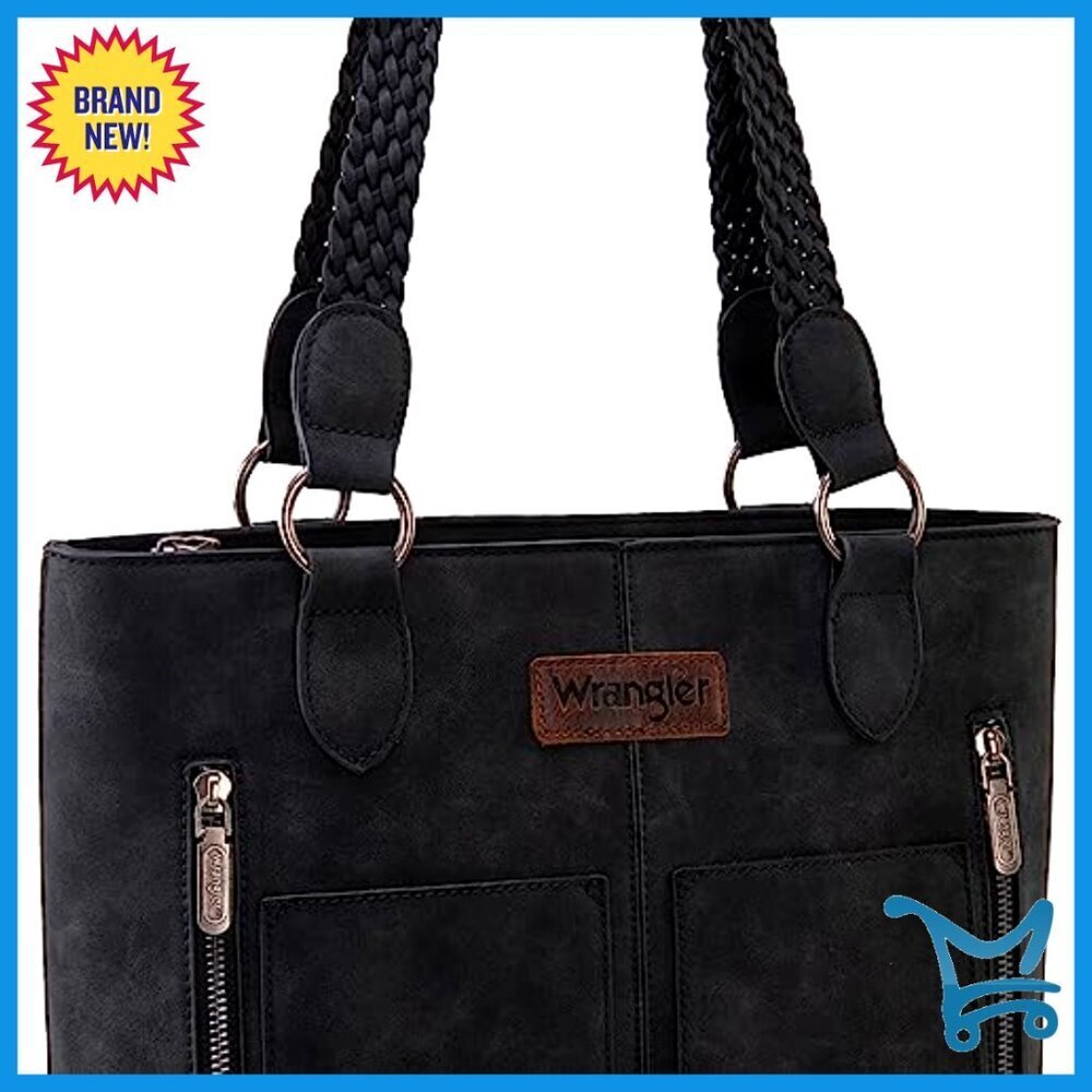 Distressed Tote Bag with Multiple Pockets, Wide Braided Straps - Picture 3 of 7